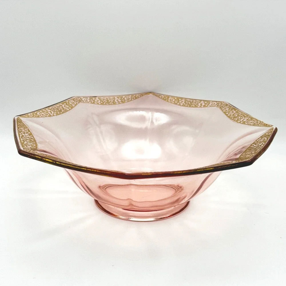 Vintage Pink Depression Glass Octagonal Bowl Gold Encrusted Floral Art Deco Lux